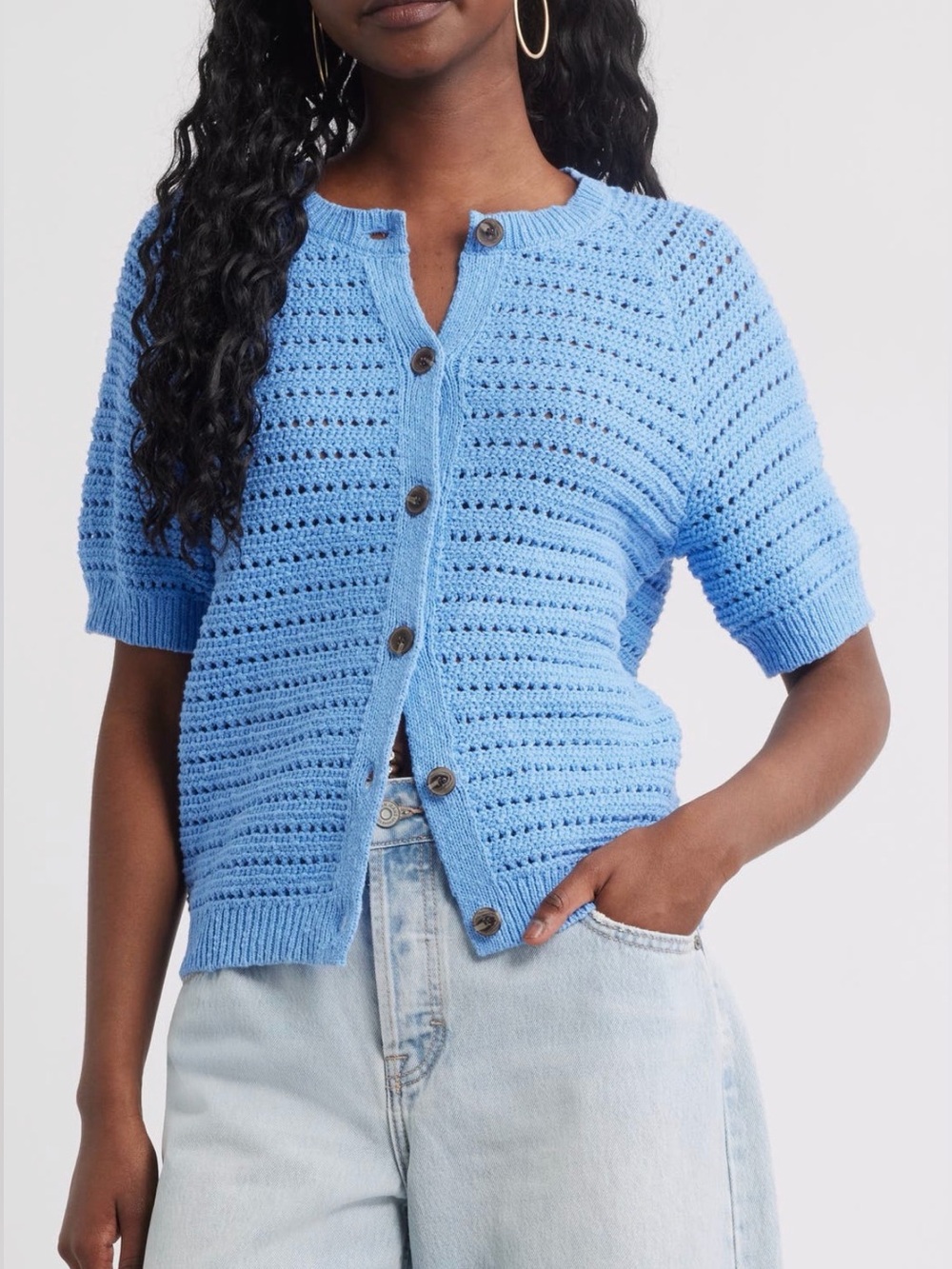 Treasure & Bond Short Sleeve Blue Button Sweater 100% Cotton Nordstrom